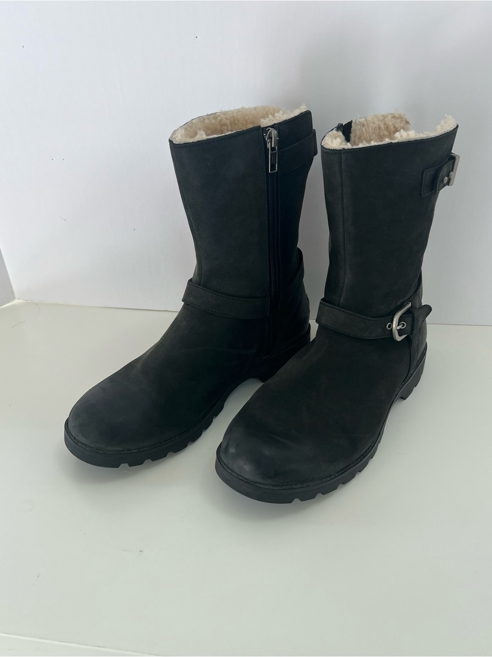 UGG Shearling-Lined Black Leather Mid-Calf Boots